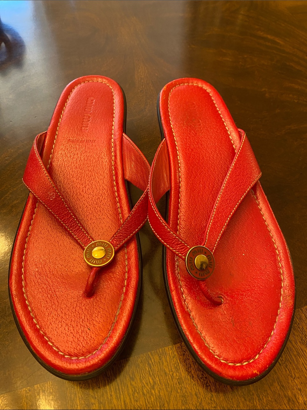 Miu Miu Red Leather Thong Sandals with Gold Button Detail